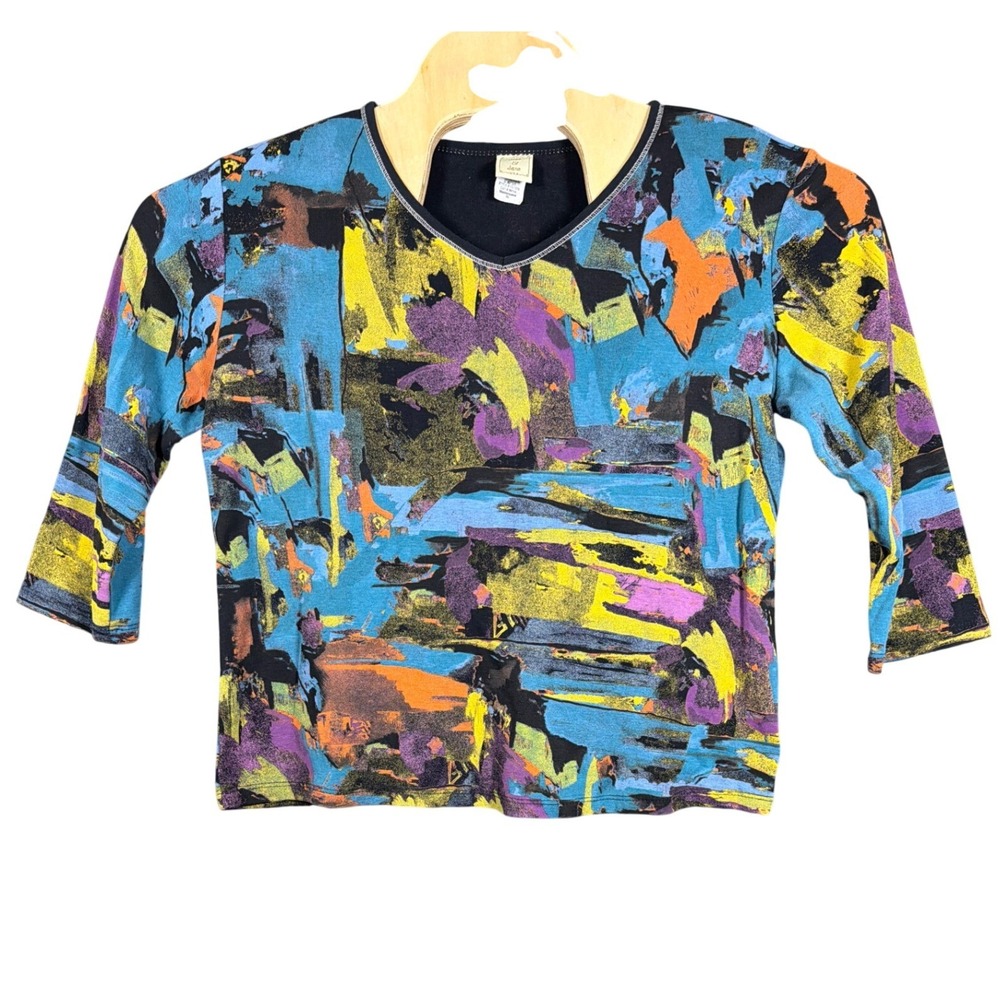 Jess & Jane Top Womens XL Masterpiece 15-1570 Multicolor Abstract 3/4 Sleeve USA